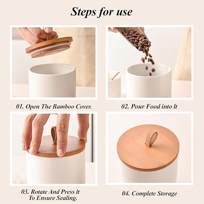 White Ceramic Canister Set of 2 with Bamboo Lids, Wooden Stand & Spoons – 35oz & 28oz Airtight Food Storage Jars for Coffee, Sugar, Tea, Kitchen Counter Organizer