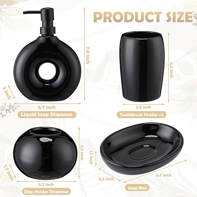 5 Pcs Ceramic Bathroom Accessories Set Includes Soap Dispenser Toothbrush Cup Holder Soapbox Holder Stylish Modern Bathroom Matte Glaze Decor (Black)