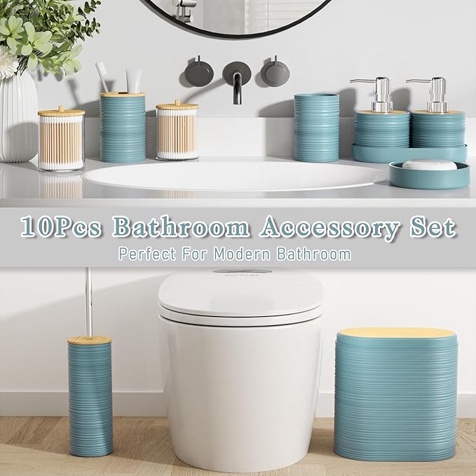 Light Blue Bathroom Set - 10PC Bathroom Accessories Set, Luxury Bathroom Accessory Set with Trash Can,Toilet Brush & 2 PC Soap Dispensers for Apartment Decor and Housewarming