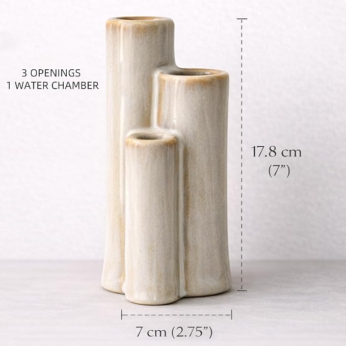 Ceramic Bud Vase, Sculptural Triple Tube Vase in Cream White for Modern Farmhouse & Minimalist Shelf Decor