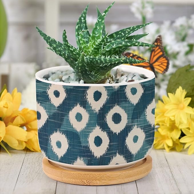 Blue and Ikat Bukhara Planter Ceramic Antique Ikat in Teal Round Plant Pot with Drainage Holes and Bamboo Tray Pot for Outdoor Garden Home Plant