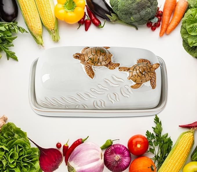 Turtle Stylish Ceramic Butter Dish Covered with Lid and Handle - Modern Countertop Butter Storage