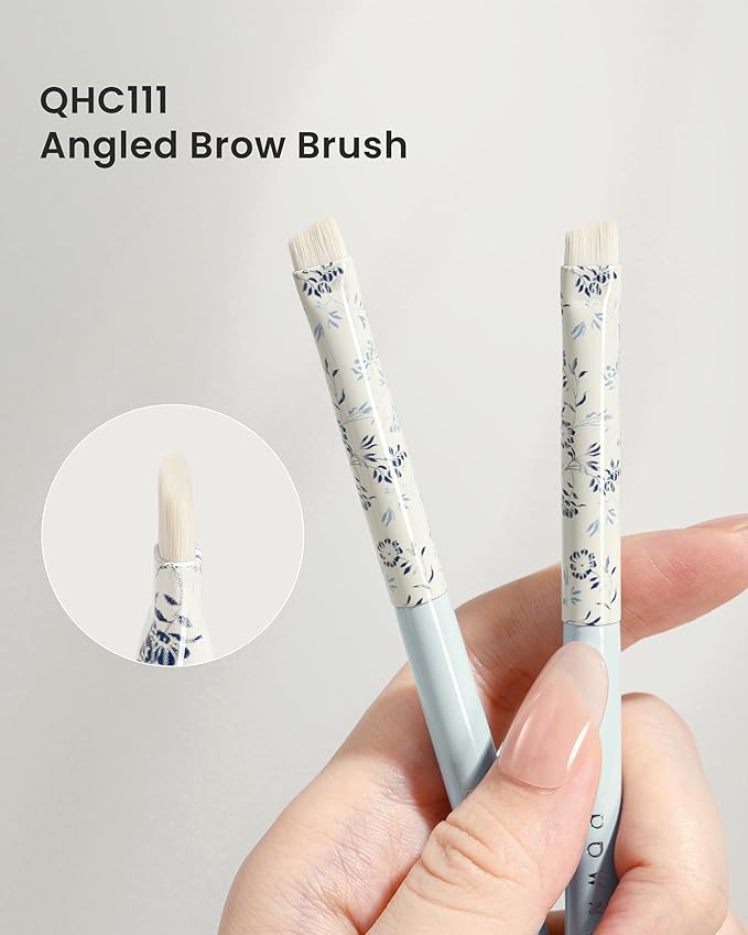 Indigo Artisan Series Angled Eyebrow Brush - 25° Slanted Soft Nylon Bristles for Natural Brows & Eyeliner, Blue Porcelain Ferrule & Lacquered Wood Handle (QHC 111)