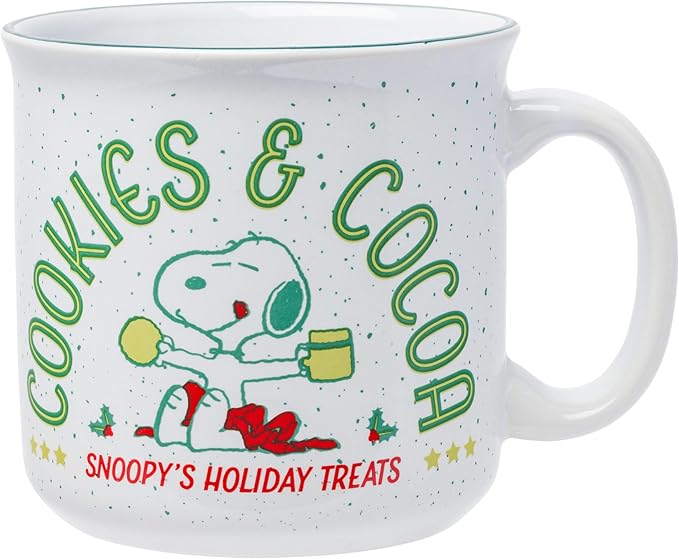 Silver Buffalo Peanuts Christmas Snoopy Cookies And Cocoa Snoopy's Holiday Treats Ceramic Camper Mug, 20 ounces