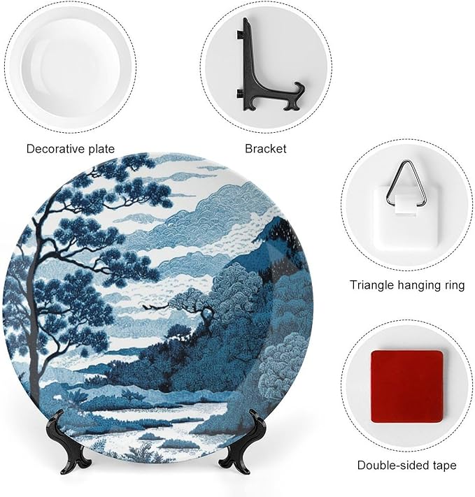 Blue And White Indigo Chinoiserie Vintage Plates, Asian Scenic Ceramic Hanging Decorative Plate for Household Wall Farmhouse Decor, Including Bracket And Special Hook Art Decorations for Club Display