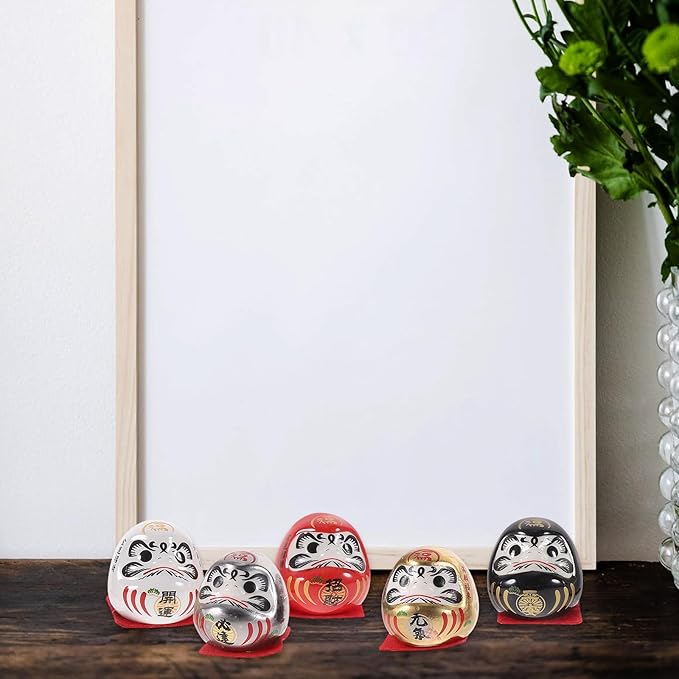 Japanese Ceramic Tumbler Figurine Set 5pcs Miniature Lucky Charm Ornaments for Car Interior and Home Decor, Gold Electroplated Collectible Statue for Wealth and Prosperity