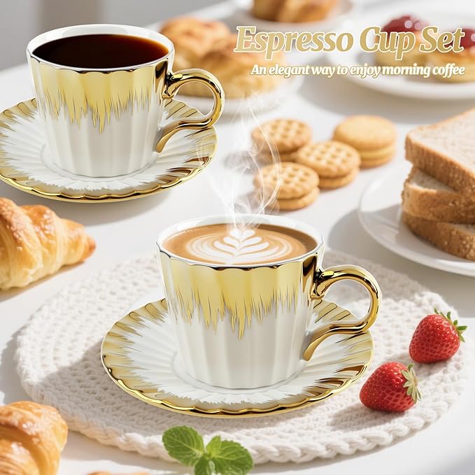 3.2oz Ceramic British Coffee Cup Set of 6, Italian Turkish Cappuccino Cups Porcelain Espresso Cups and Saucers with Gold Trim for Double Espresso Cappuccino Latte Mocha Tea
