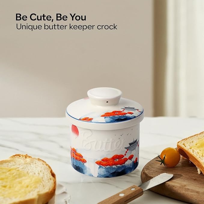 Toptier Butter Crock for Counter With Water Line, On Demand Spreadable Butter, Ceramic Butter Keeper to Leave On Counter, French Butter Dish with Lid, (Mangrove Forest)