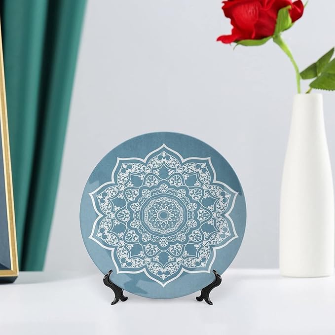 7 Inch Decorative Plate, Lotus Ceramic Plate, Cultural Universe Symbol Floral Mandala with Lace Boho Print Ceramic Wall Hanging for Fine Dining Upscale Events, Dinner Parties, Weddings, Catering