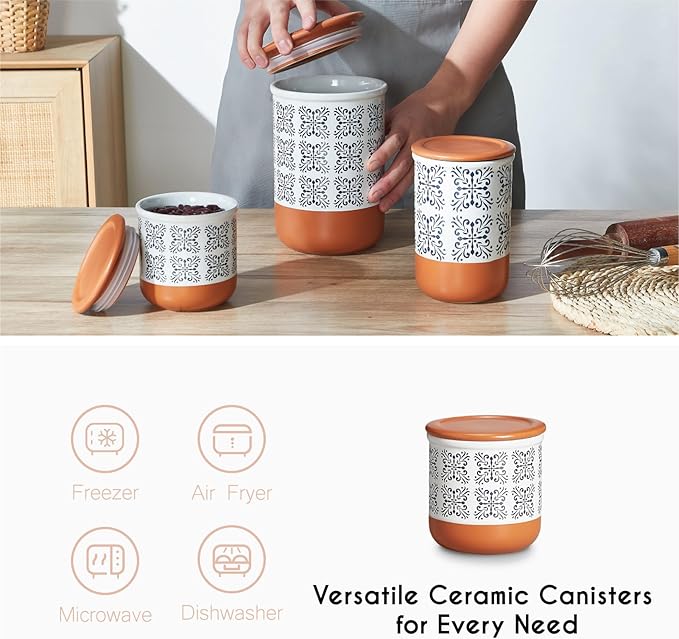 Canisters Sets for Kitchen Counter Ceramic Food Storage Jars with Airtight Lids, Sugar and Flour Containers Set of 3 - for Coffee, Tea, Spice - Stylish Countertop Décor