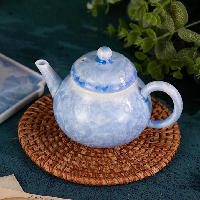 KAMMAK Tea Set for Adults Porcelain Tea Pot and Tea Cups Set,Ice Crystal Blue Japanese Ceramic Tea Cups and Saucers Set, Chinese Gong Fu Tea Set (2 Cups +1 Pear-shaped Teapot + 1 Square Plate)