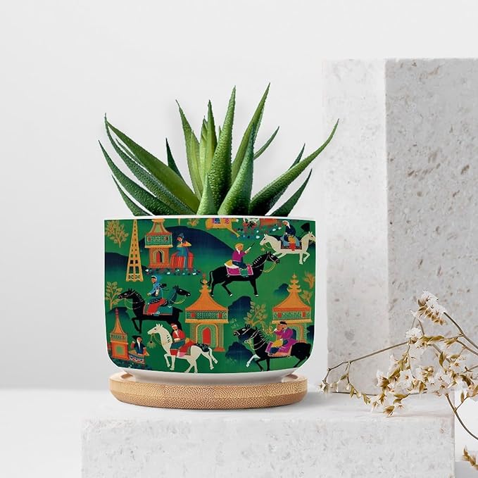 Bright Emerald Green Planters Ceramic Chinoiserie Decor Round Plant Pot with Drainage Holes and Bamboo Tray Pot for Outdoor Garden Home Plant