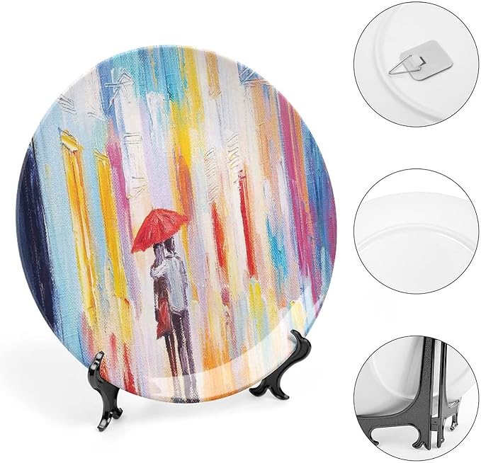 XISUNYA 6 Inch Decorative Plate,Love Decor Ceramic Stoneware, Love Couple in Street Rainy Day Romance Print Ceramic Wall Hanging Decor Accessory for Dining Table Tabletop Home Decor