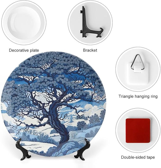 Vintage Plates Blue And White Indigo Chinoiserie Personalized Decor for Home Display Household Wall Ceramic Dinner Plates Including Bracket And Special Hook, Multi Sizes, Gifts for Men Women