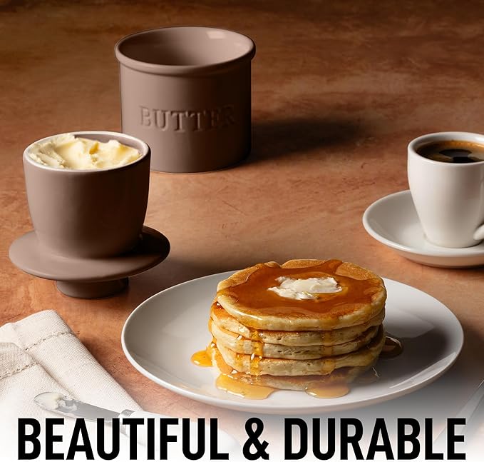 Zulay Kitchen Bell Shaped Butter Crock with Lid for Countertop with Water Line & Spreader Knife, Ceramic French Butter Dish Keeper For Fresh, Soft & Spreadable Butter - Coffee