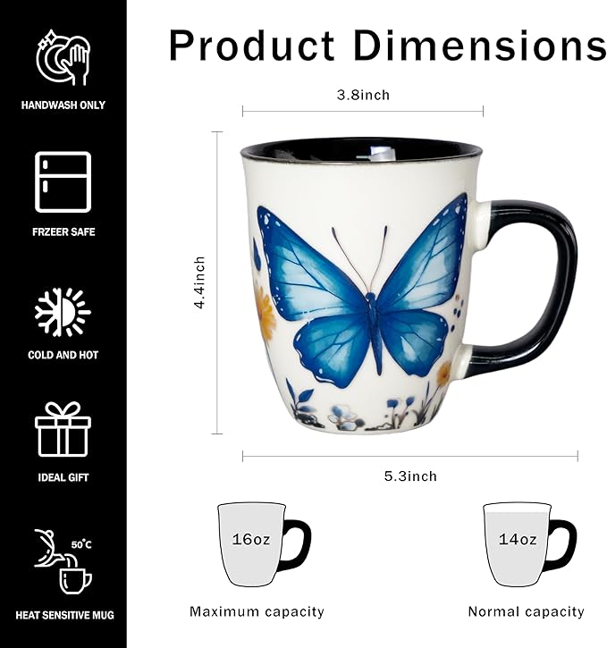 16 oz Butterfly Mug - Color Changing Ceramic Tea Cup for Women - Heat Sensitive Novelty Gift for Butterfly Lovers