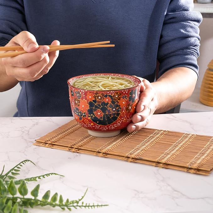 Urban Tokyo Handpainted Ceramic Glazed Japanese Ramen Udon Noodle Rice Bowl With Chopsticks 20 fl oz 5 inch Diameter Bowl Sets Color Box Packaging (Red Sakura Cherry Blossoms)