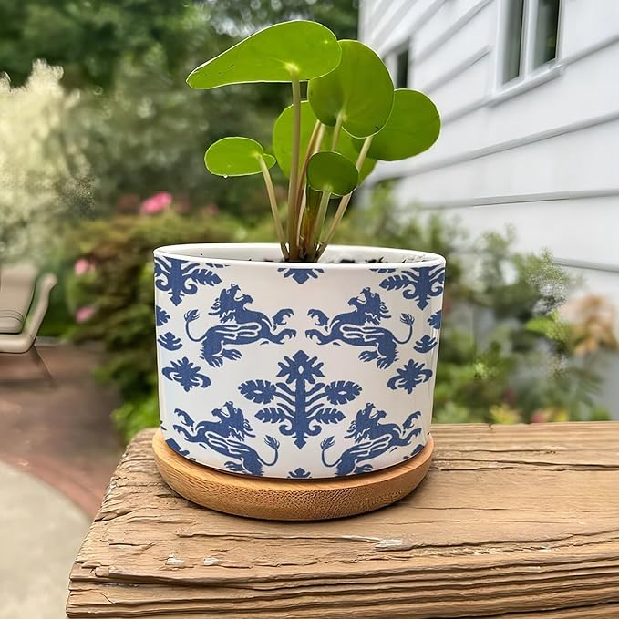 DreamAutumn Navy Blue Regalia Ceramic Pots for Plants with Drainage Holes Round Flower Pot Bamboo Tray Orchid Pot Succulents Pots for Outdoor Indoor Plants,Housewarming Gifts