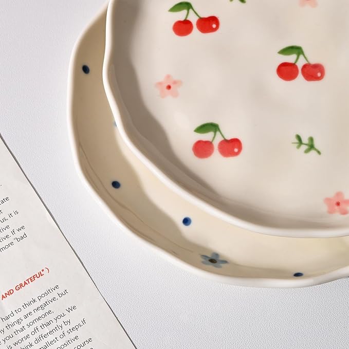 Koythin Ceramic Dessert Plates, Cute Fruits Dinner Plate, Creative Plates Design, Printed Flowers Dinnerware for Office and Home, Kitchen Plates for Desserts (Blue Flowers)