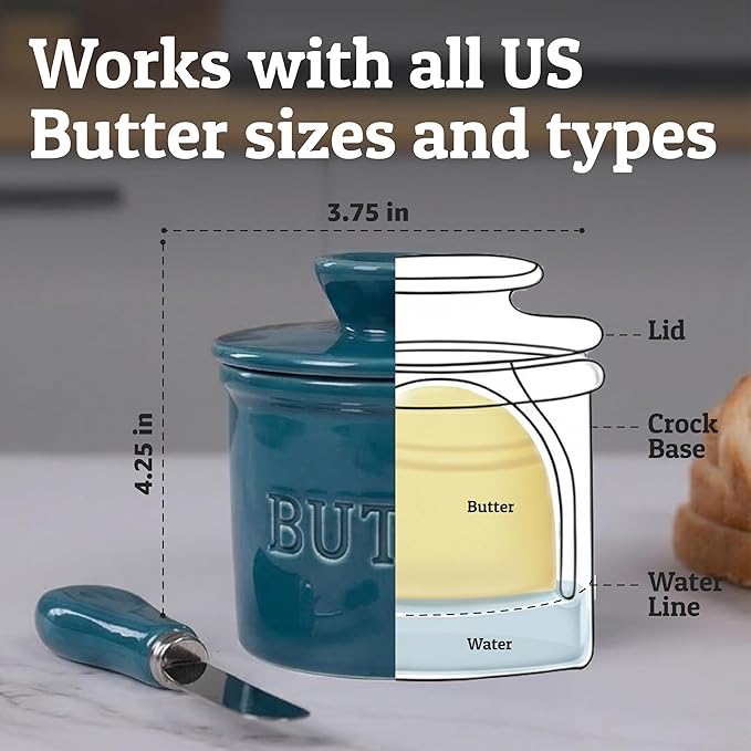 PriorityChef Butter Crock with Lid with Water Line,Ceramic French Butter Dish to Leave On Counter, Teal Blue