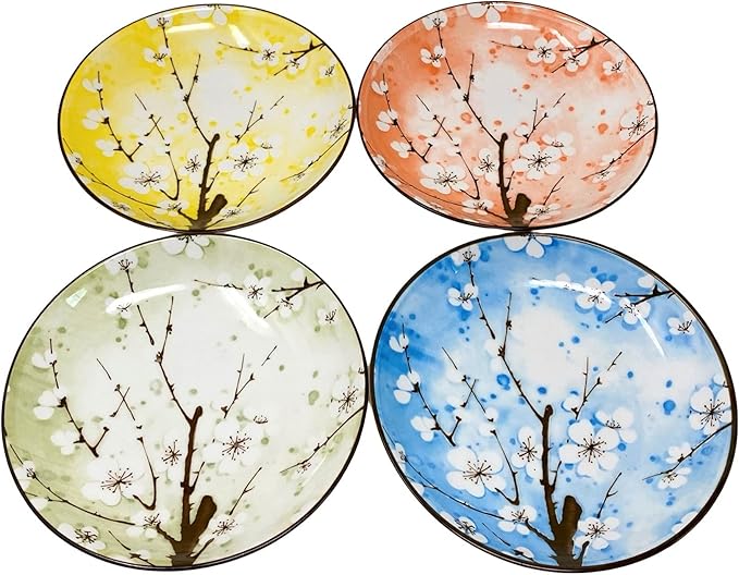 TJ Global Set of 4 Japanese Pottery Ceramic 7 Inch Plates for Any Meal and Any Dish, Japanese Dinnerware and Tableware Comes in Assorted Colors with Cherry Blossom Design