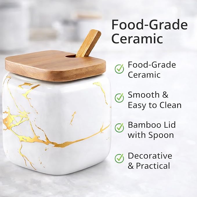 Ceramic Spice Jars Porcelain Condiment Jars Set Marble Ceramic Seasoning Box 3pcs Condiment Pots for salt, sugar, pepper Kitchen Seasoning Condiment Jar Set