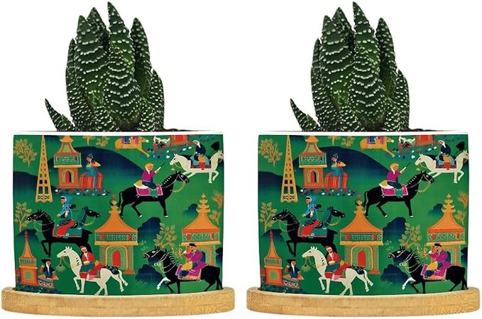 Bright Emerald Green Planters Ceramic Chinoiserie Decor Round Plant Pot with Drainage Holes and Bamboo Tray Pot for Outdoor Garden Home Plant