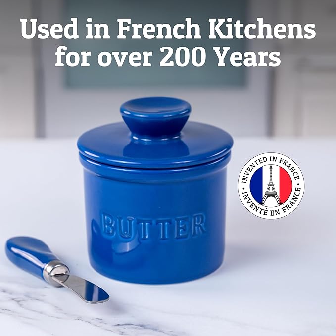 PriorityChef Butter Crock with Lid with Water Line, Ceramic French Butter Dish to Leave On Counter, Dark Blue