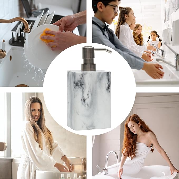 White Marble Style Hand Soap Dispenser, Refillable Liquid Decorative Soap Dispenser for Bathroom Countertop and Kitchen (14.5 Oz)