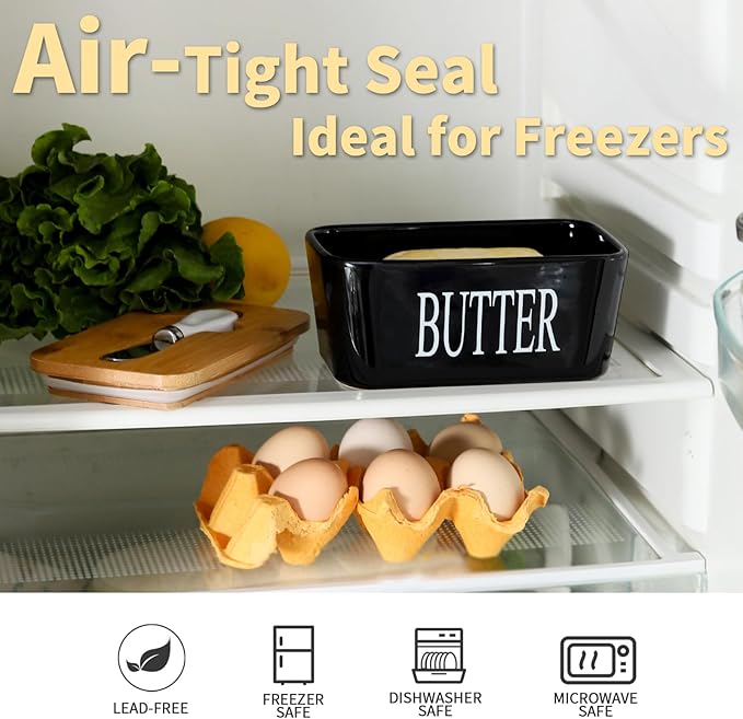 Hasense Butter Dish with Lid, Ceramic Butter Dish with Knife for Countertop, Airtight Covered Butter Keeper Container, Large Black Butter Holder for Refrigerator,Black