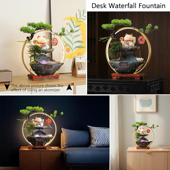 Chinese Ceramic Lucky Statue Cat - Automatic Waving Arm,Tabletop Waterfall Fountain Indoor& Backflow Incense Burner Holder,Adjustable USB LED Light Ring,Money Cat for Home Office Store