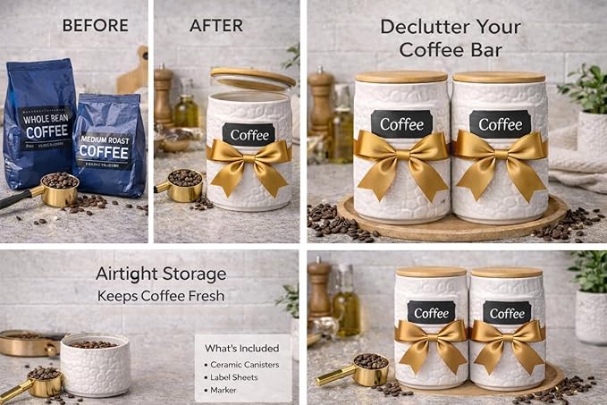 Ceramic Canister for the Kitchen (52oz/1537ml) – Airtight Kitchen Counter Storage with Bamboo Lids, Decorative Flour Sugar Coffee Jars for Pantry & Home