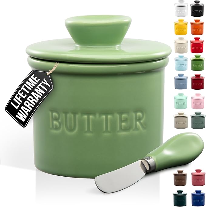 Zulay Kitchen Bell Shaped Butter Crock with Lid for Countertop with Water Line & Spreader Knife, Ceramic French Butter Dish Keeper For Fresh, Soft & Spreadable Butter - Olive Green