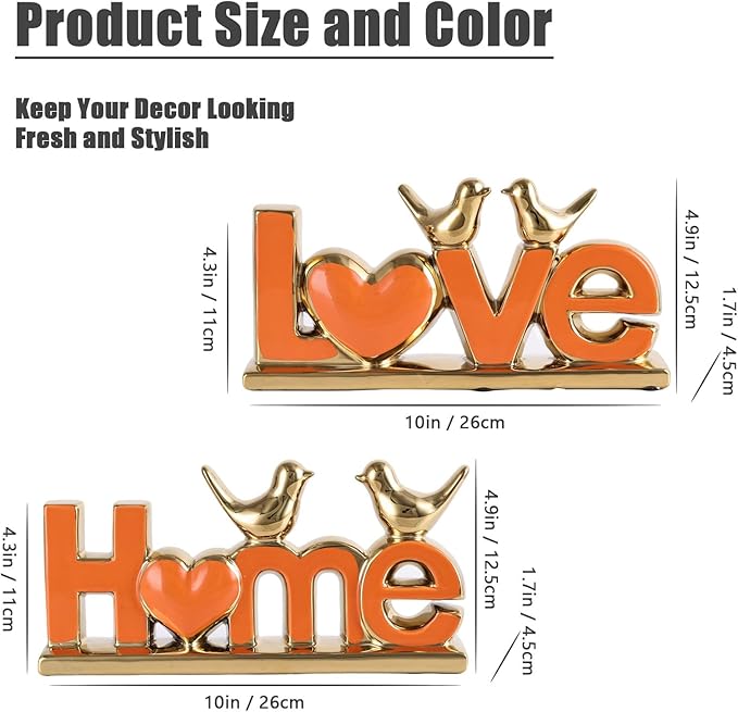 Ceramic LOVE & HOME Sign Decor with Bird Statues Set 2,10" Modern Orange Gold Tabletop Sculptures for TV Stand,Floating Shelf & Entryway,Romantic Wedding & Warm Housewarming Gift Set (Orange)
