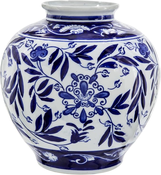 A&B Home Blue and White Porcelain Flower Vase, Ceramic Vase for Home Decor, Bedroom Living Room Console Table Accent, 9" x 9" x 9"