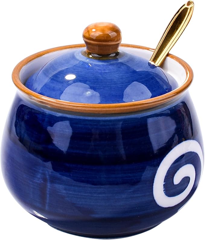 Blue Ceramic Sugar Jar with Lid & Golden Spoon - 10.8oz Airtight Kitchen Storage Canister for Coffee Tea Spices Baking Essentials Elegant Tabletop Decor or Gift Idea (1.35 Cup Capacity)