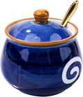 Blue Ceramic Sugar Jar with Lid & Golden Spoon - 10.8oz Airtight Kitchen Storage Canister for Coffee Tea Spices Baking Essentials Elegant Tabletop Decor or Gift Idea (1.35 Cup Capacity)