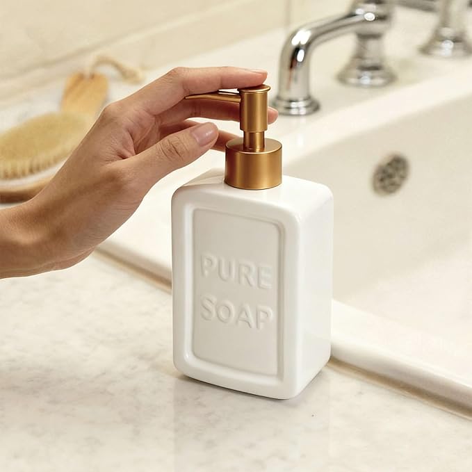 Ceramic Retro Soap Dispenser with Gold Pump, 15oz Capacity, Premium Ceramic Design for Bathroom or Kitchen (White)