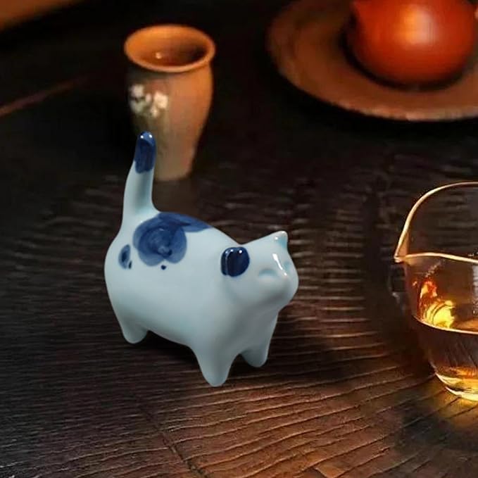 Kung Fu Tea Pet Ceramic Lucky Cat Sculpture Ornament for Tea Ceremony Desk Decor 3.27x2.95 inch- Blue