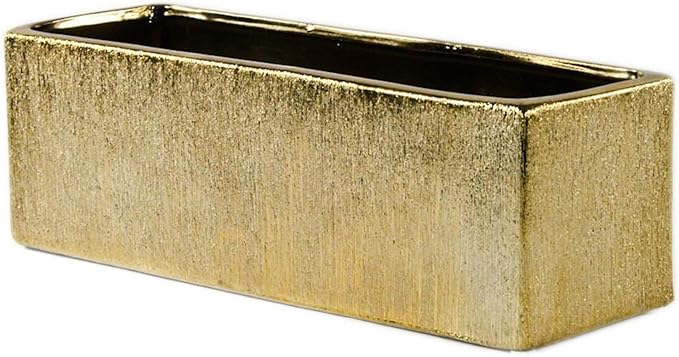 WGVI Long Rectangle Ceramic Planter Vase in Gold Etched 12" x 4" x 4"H, Block Rectangular Terrarium Box Pot, Flower Arrangement, Table top Centerpiece, Home Decor Storage Container, 1 Pc.
