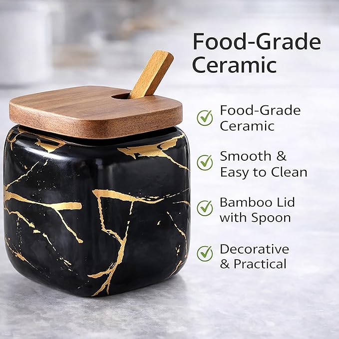 Ceramic Spice Jars Porcelain Condiment Jars Set Marble Ceramic Seasoning Box 3pcs Condiment Pots for salt, sugar, pepper Kitchen Ceramic Seasoning Condiment Jar Set Black