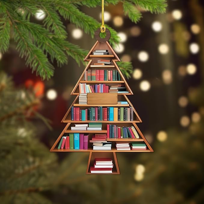 NGHYANA Wooden Christmas Tree Bookshelf Ornament 4 Inch Book Lover Holiday Decoration