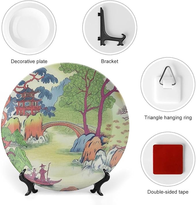 Chinoiserie Toile Ceramic Decorative Plate, Custom Green And White Chinoiserie Pagoda Toile Asian Ceramic Dinner Plates, Household Decorations Festival, Including Bracket And Special Hook