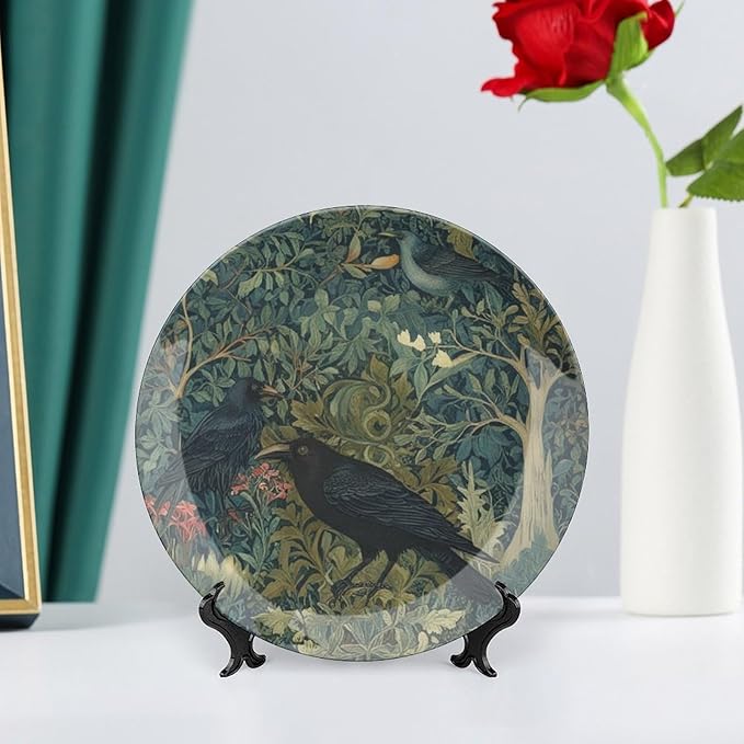 William Morris Raven Blue Green Floral Decorative Plate, Raven in The Forest Art Custom Wall Art Hanging Plate for Club Table Decor, with 1 Display Stand Art Decorations for Display Kitchen