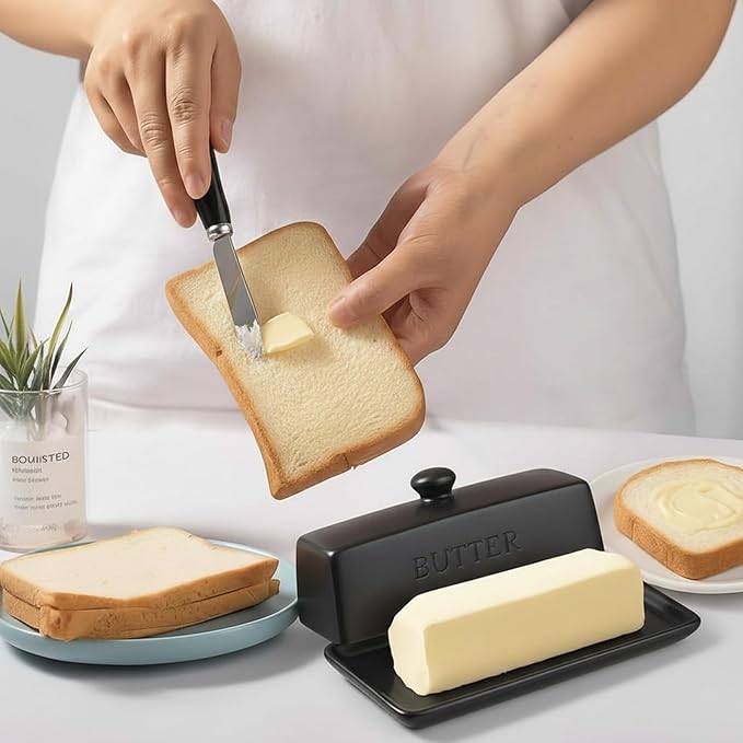 WERTIOO Butter Dish with Lid, Ceramic Butter Dish with Lid for Countertop for 1 Stick. Textured Tray with Stainless Steel 3 in 1 Butter Spreader, Microwave and Dishwasher Safe, Black
