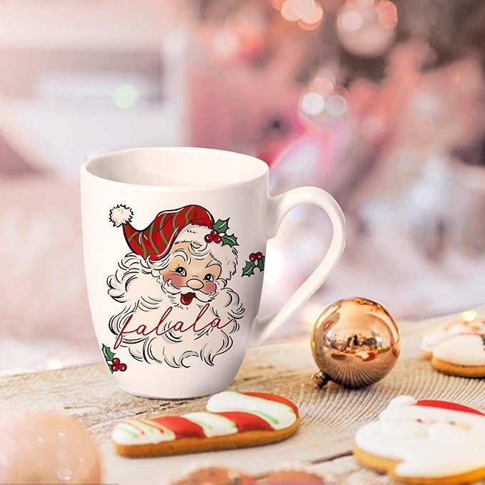 Christmas Santa Claus Ceramic Coffee Mug, 13 oz Novelty Xmas Tea Cup with Handle, Winter Holiday Gifts for Friends Women Men, Holly Berry Drink Mugs Microwave and Dishwasher Safe