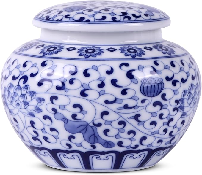 Traditional Chinoiserie Round Ginger Jars Blue and White Porcelain Series Ceramic Storage Jars with Sealed Lids,for Home/Kitchen/Dining Table Decoration (Leaves Jar)