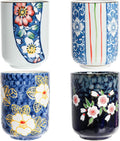 Set of 4 Japanese Tea Cups, 10 Oz Ceramic Handleless Coffee Mugs, Compact Ceramic Tea Cup Floral Pattern for Tea Matcha Latte Juice Gifts, Microwave Dishwasher Safe