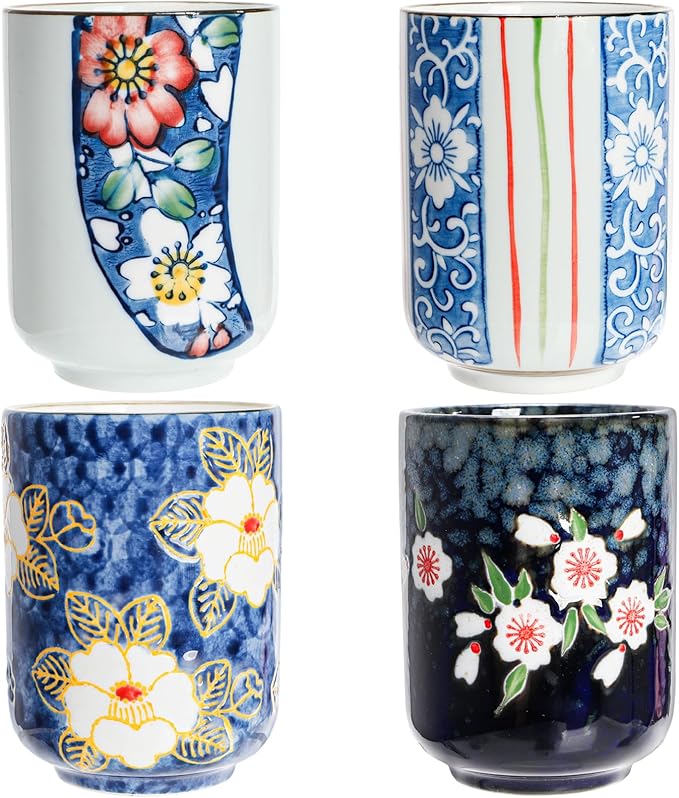 Set of 4 Japanese Tea Cups, 10 Oz Ceramic Handleless Coffee Mugs, Compact Ceramic Tea Cup Floral Pattern for Tea Matcha Latte Juice Gifts, Microwave Dishwasher Safe