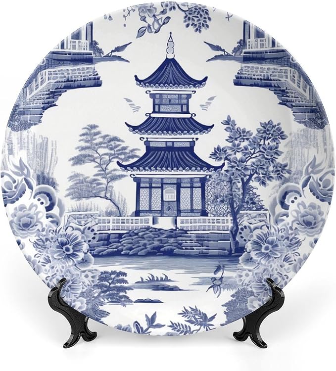 Chinoiserie Blue Asian Pagoda China Plates for Display Festival Wedding Supplies Wall Farmhouse Holiday Party Decorations Personalized Gifts for Men Women Christmas, 6", 7", 9", 10"
